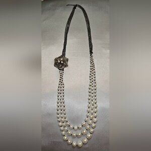 New York & Company Pearl and Black Floral Necklace